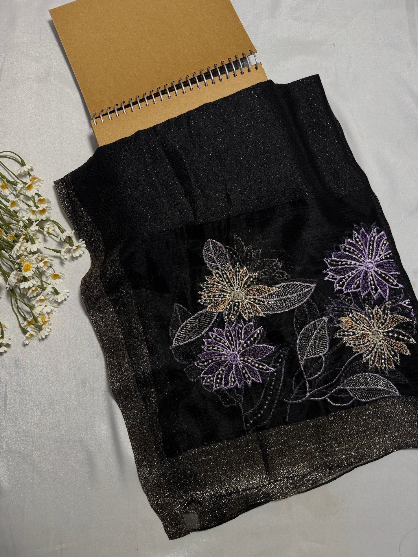 Daffodils Embroidered Organza- Luxury Hijabs- Black