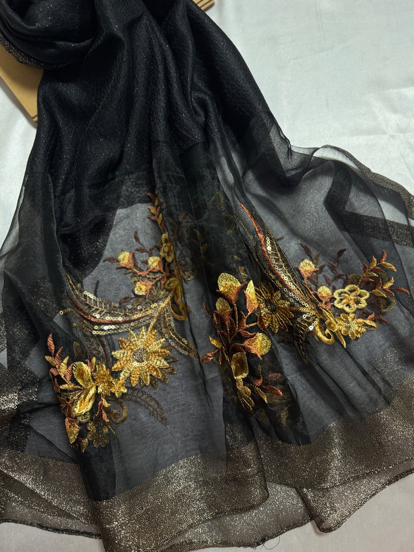 Sequins Floral Embroidered Organza- Luxury Hijabs- Black