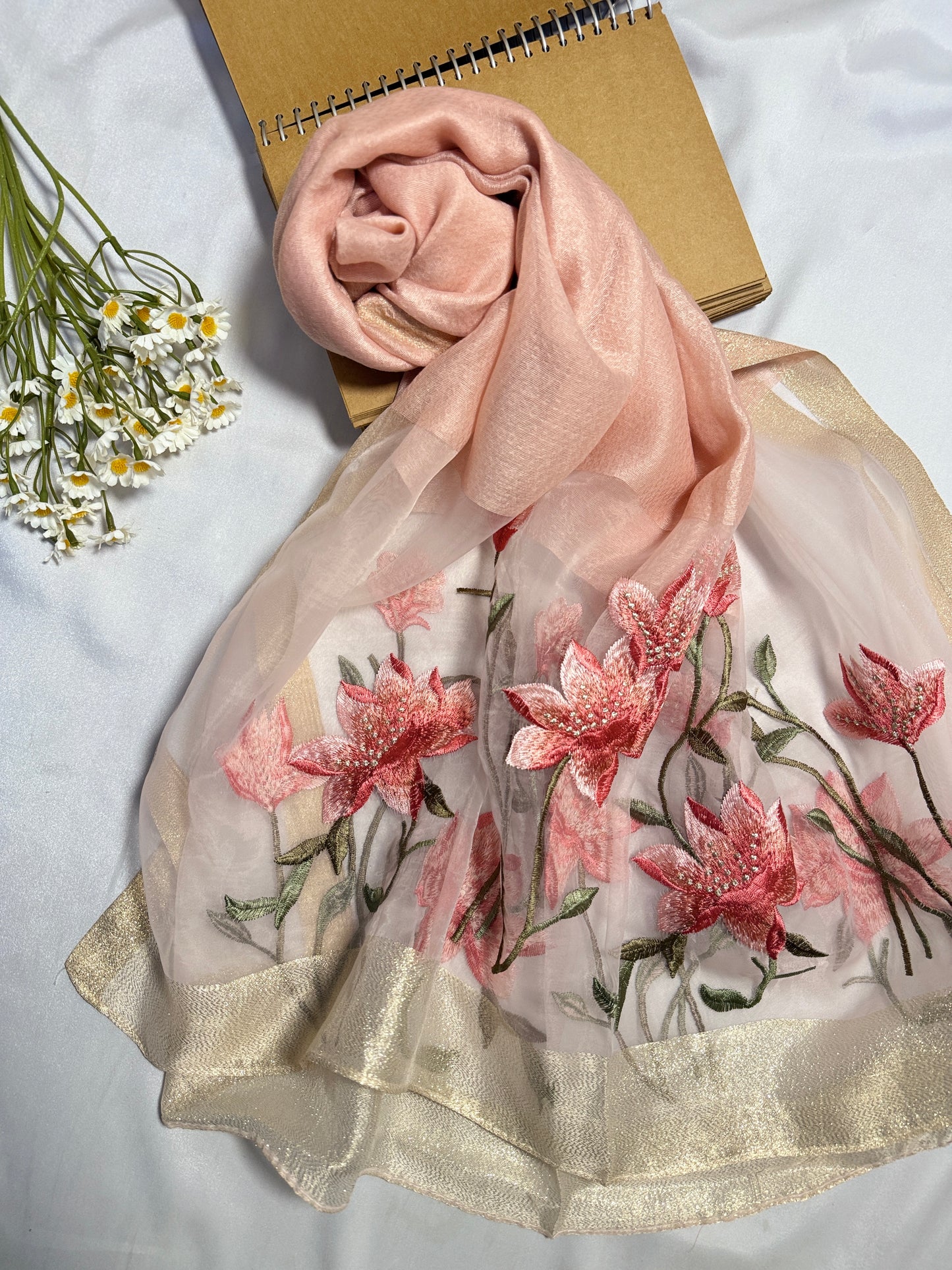 Lilies Embroidered Organza- Luxury Hijabs- Baby Pink
