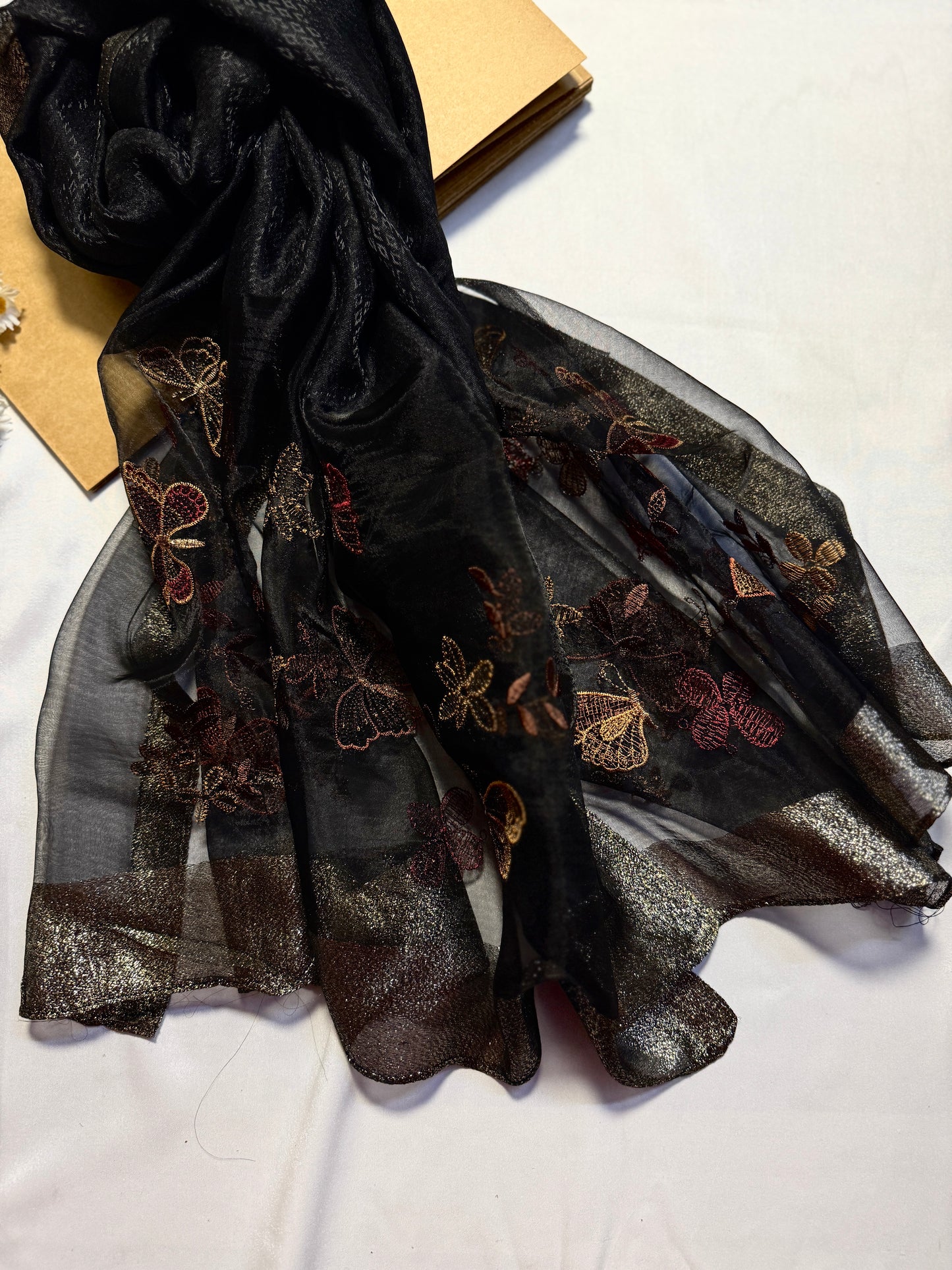 Butterfly Embroidered Organza- Luxury Hijabs- Black