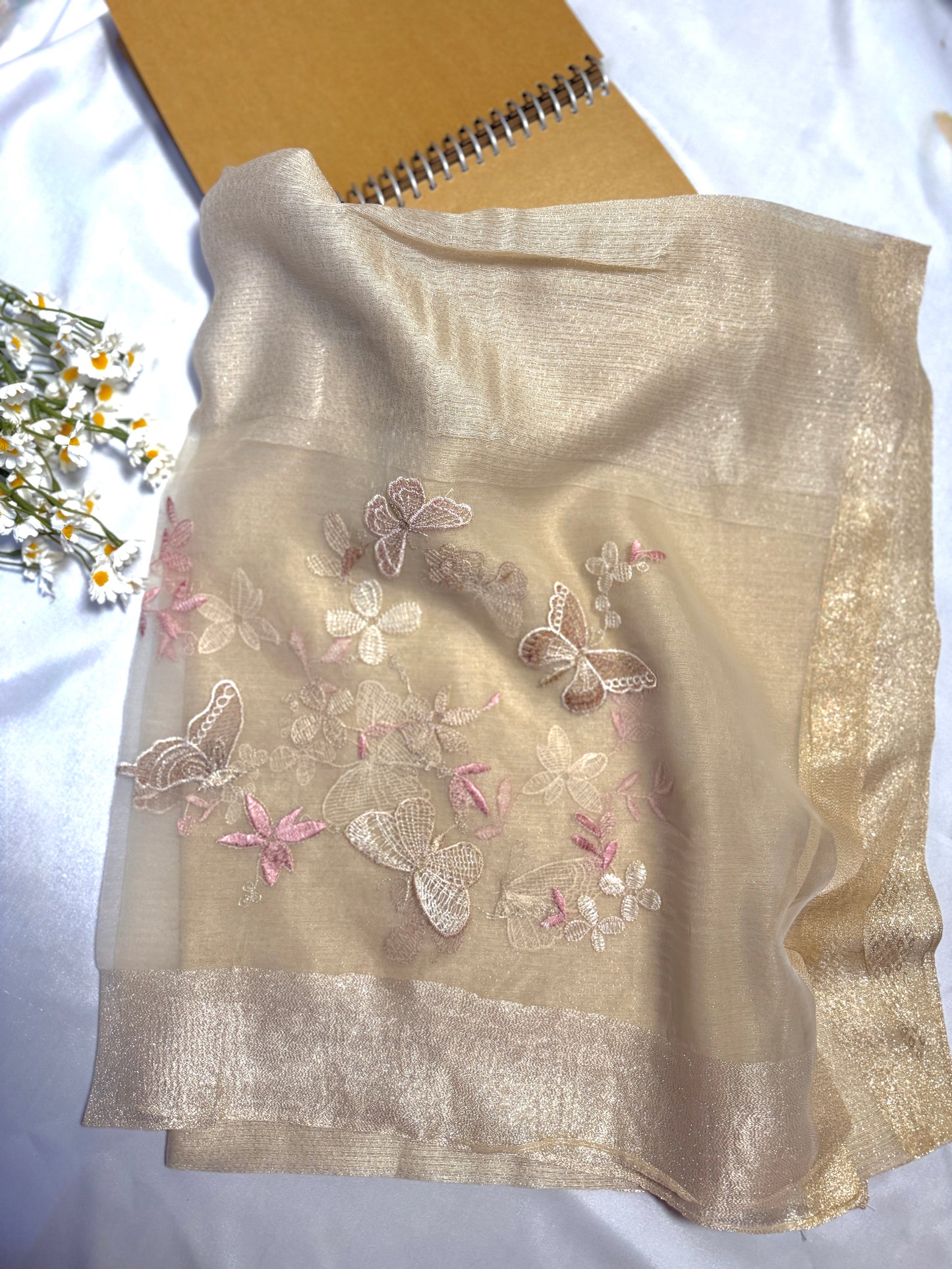Butterfly Embroidered Organza- Luxury Hijabs-Nude Gold