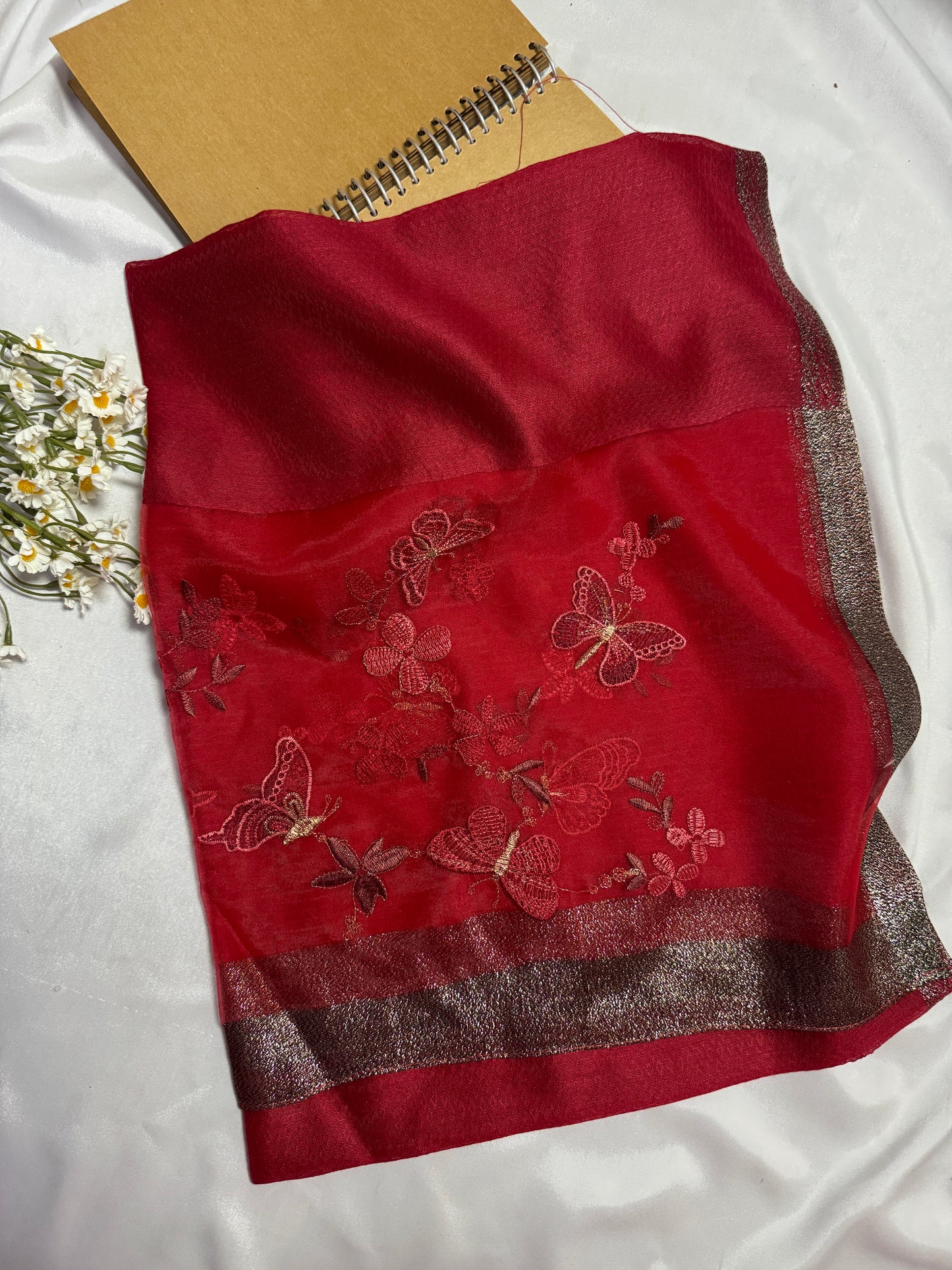 Butterfly Embroidered Organza- Luxury Hijabs- Maroon