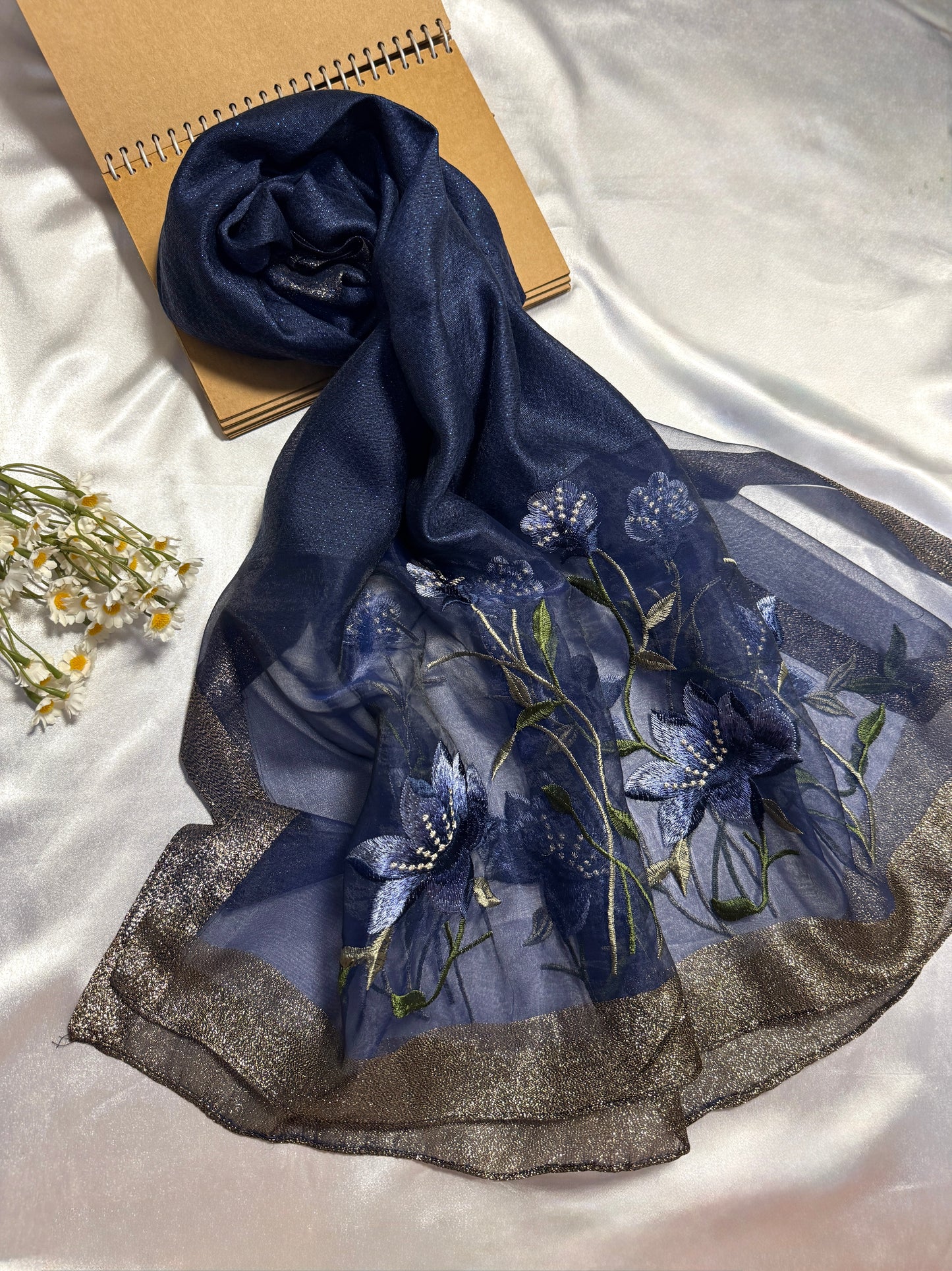 Lilies Embroidered Organza- Luxury Hijabs- Navy Blue