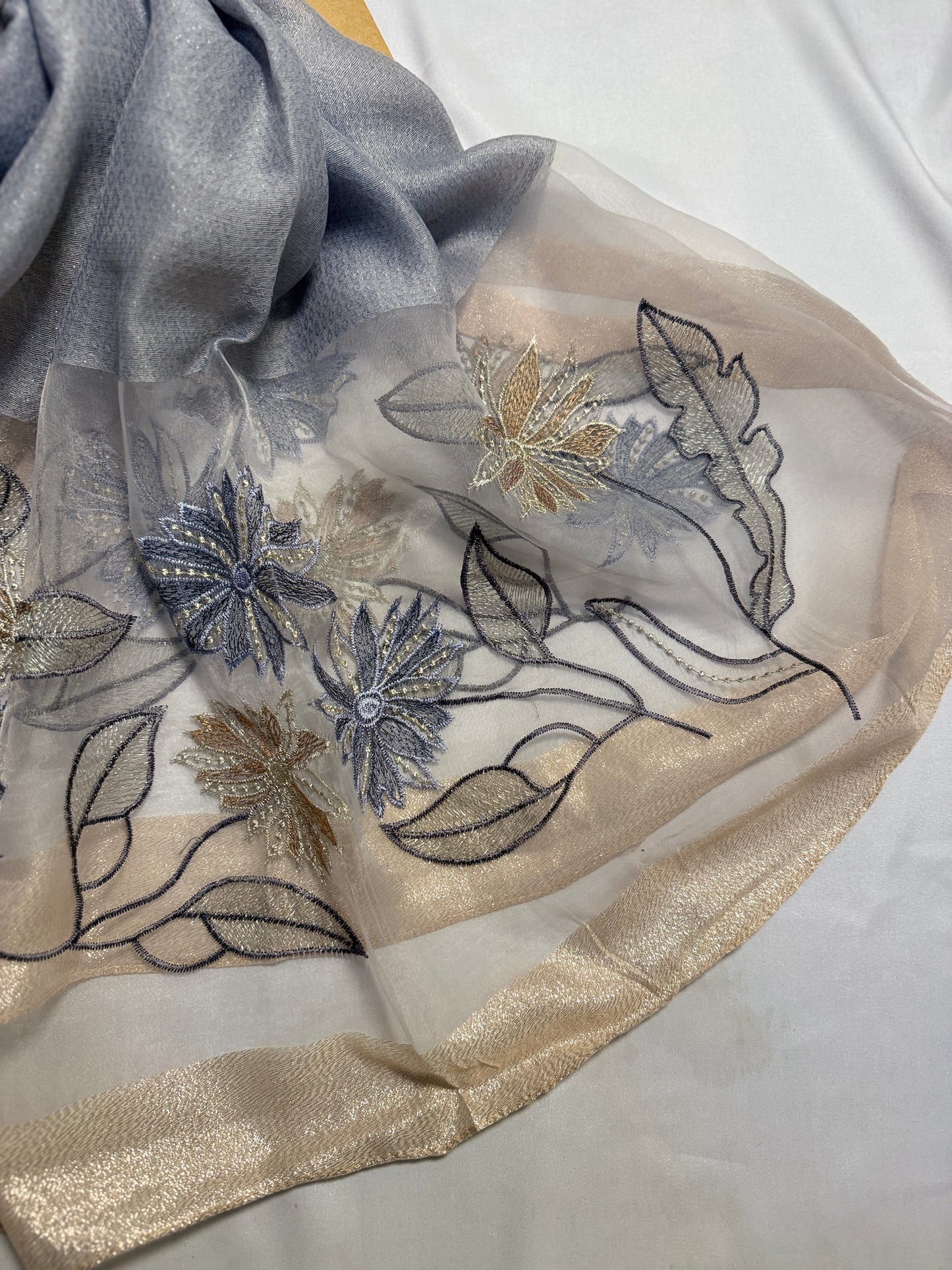 Daffodils Embroidered Organza- Luxury Hijabs- Silver