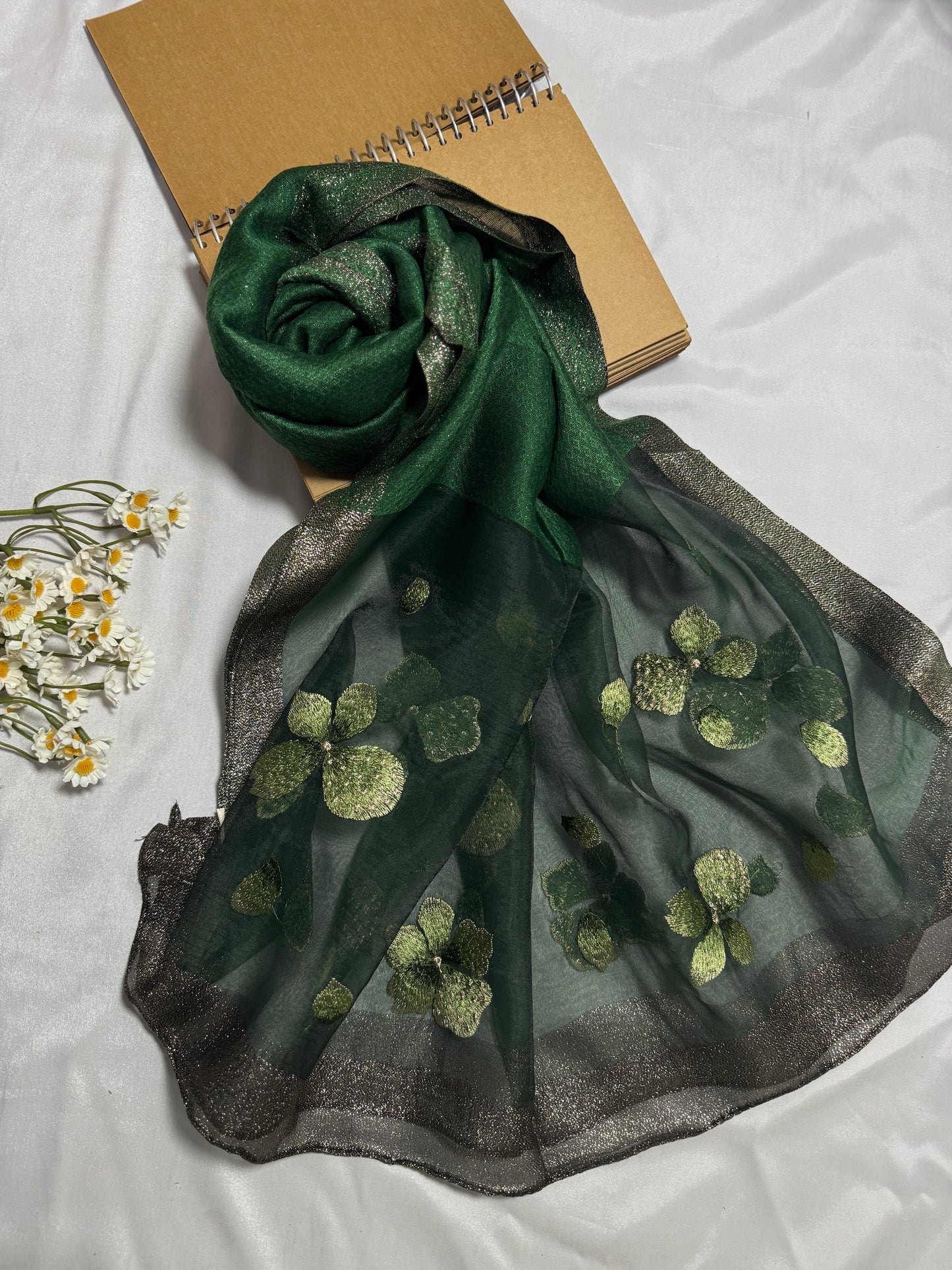 Poppy Flower Embroidered Organza- Luxury Hijabs- Dark Green