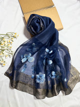 Poppy Flower Embroidered Organza- Luxury Hijabs- Navy Blue