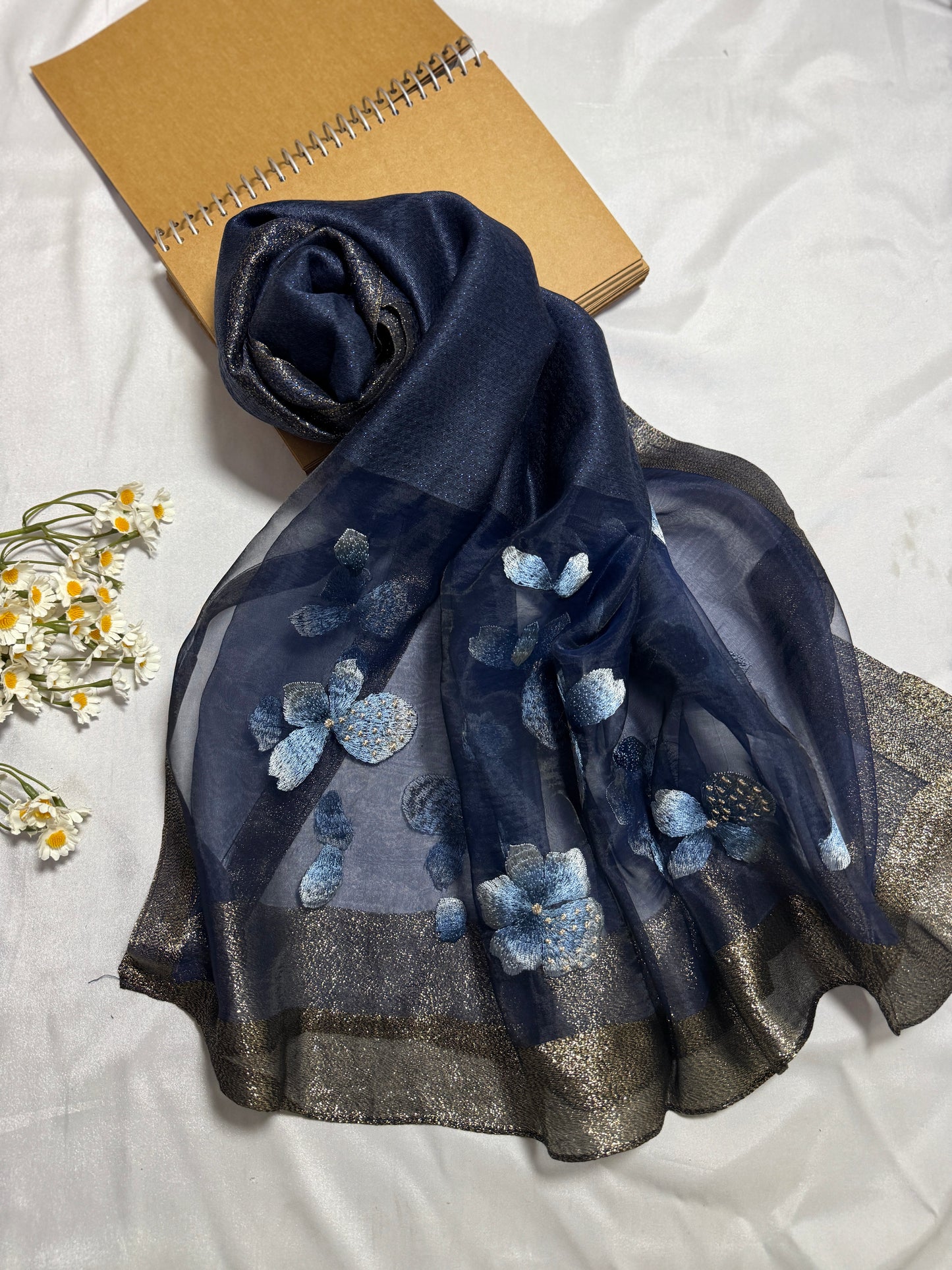 Poppy Flower Embroidered Organza- Luxury Hijabs- Navy Blue