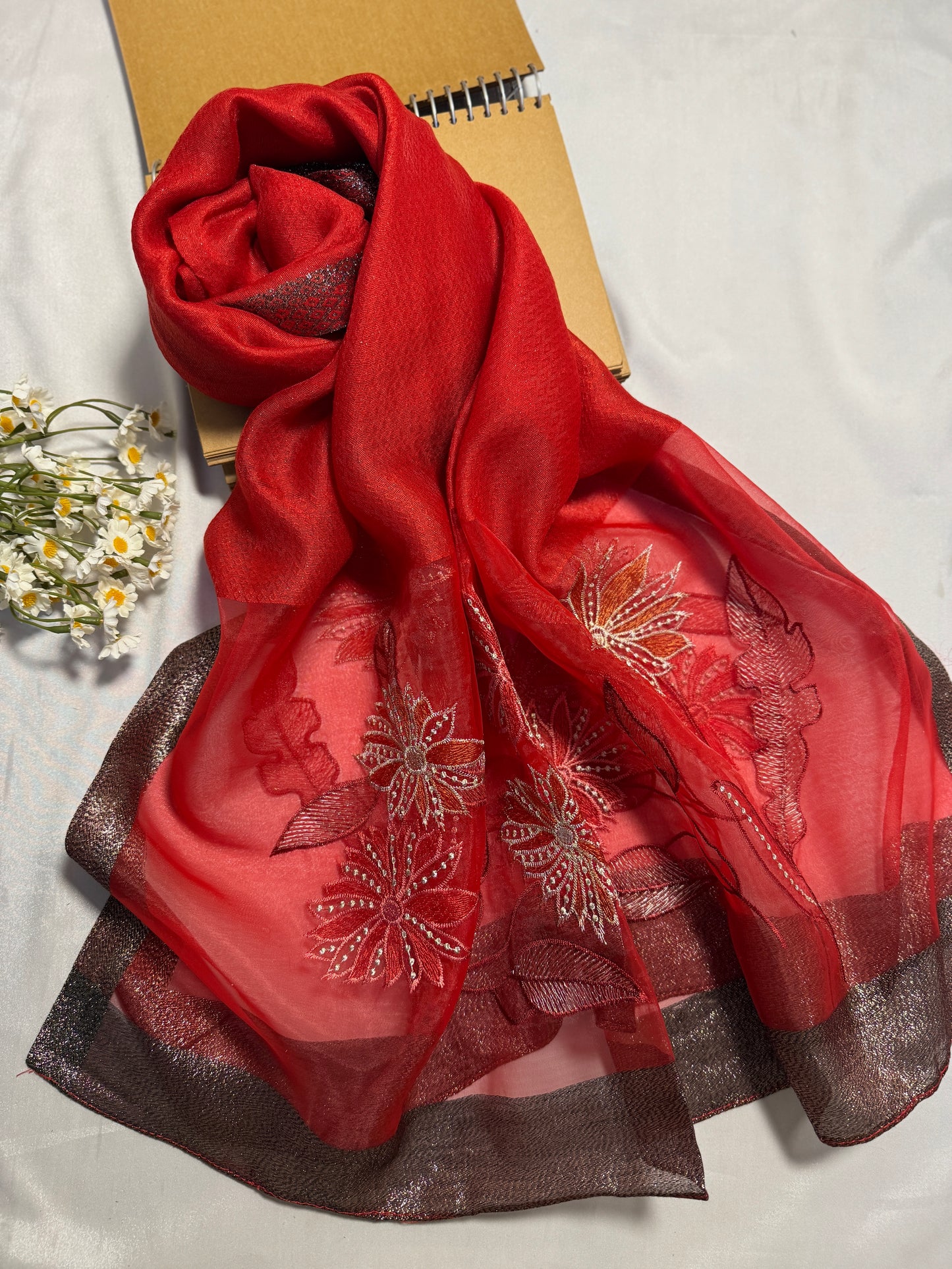 Daffodils Embroidered Organza- Luxury Hijabs- Red