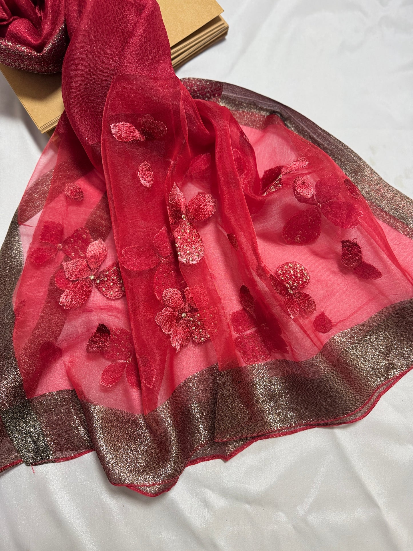 Poppy Flower Embroidered Organza- Luxury Hijabs- Maroon