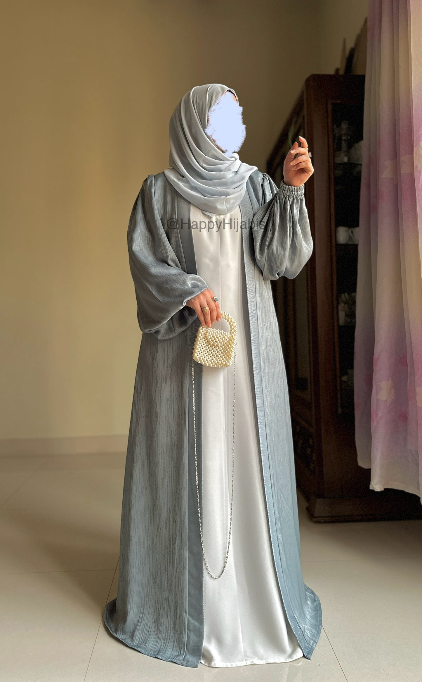 Regal Robe Abaya Set- Icy Silver- Luxury Self Print Sheen Nida Abaya