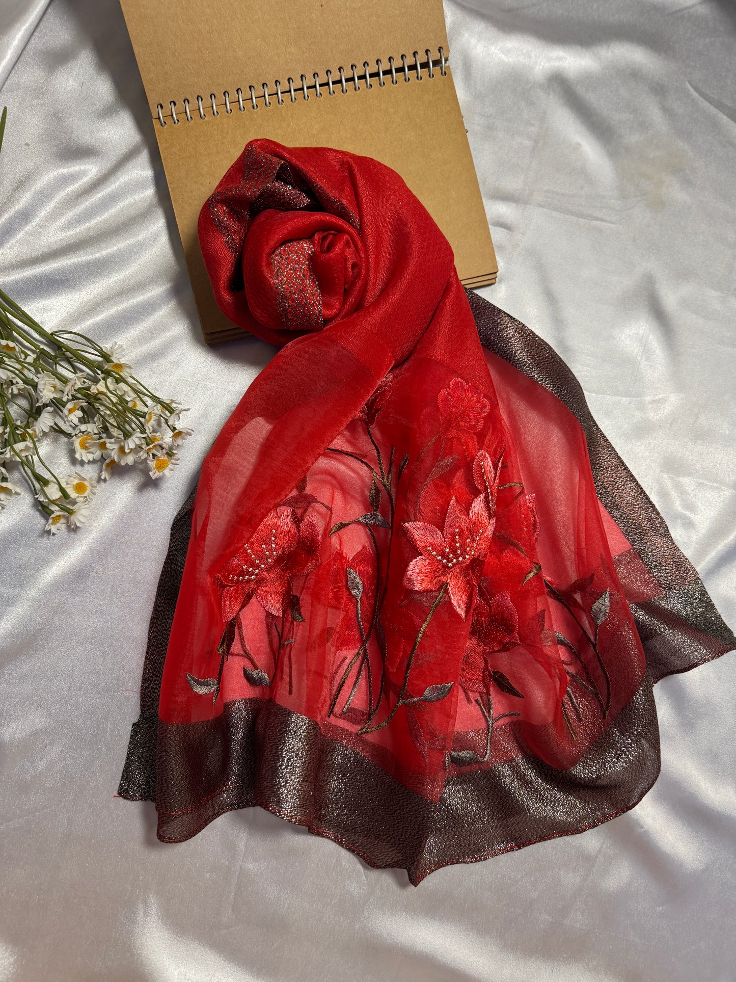 Lilies Embroidered Organza- Luxury Hijabs- Red