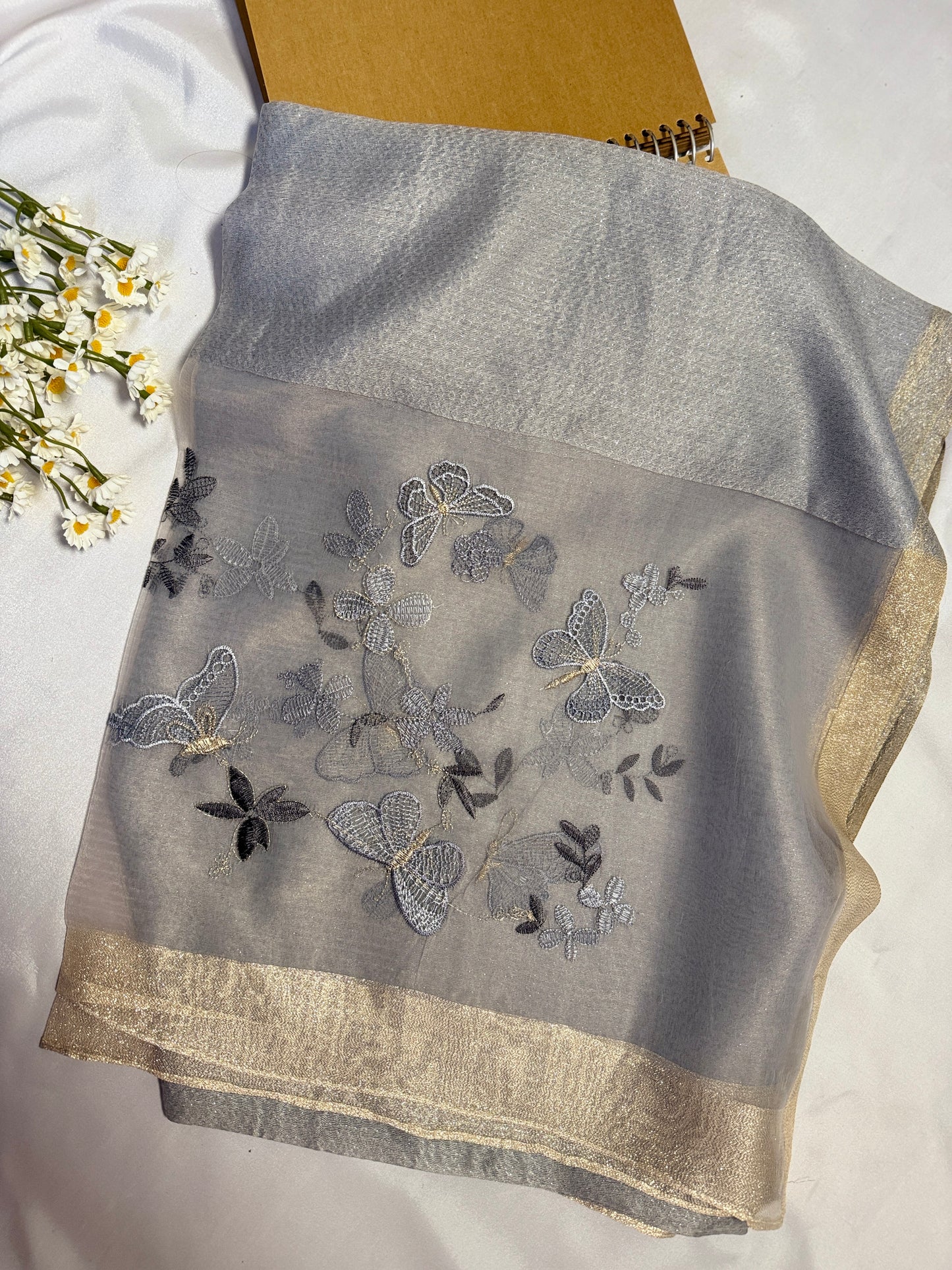Butterfly Embroidered Organza- Luxury Hijabs- Silver