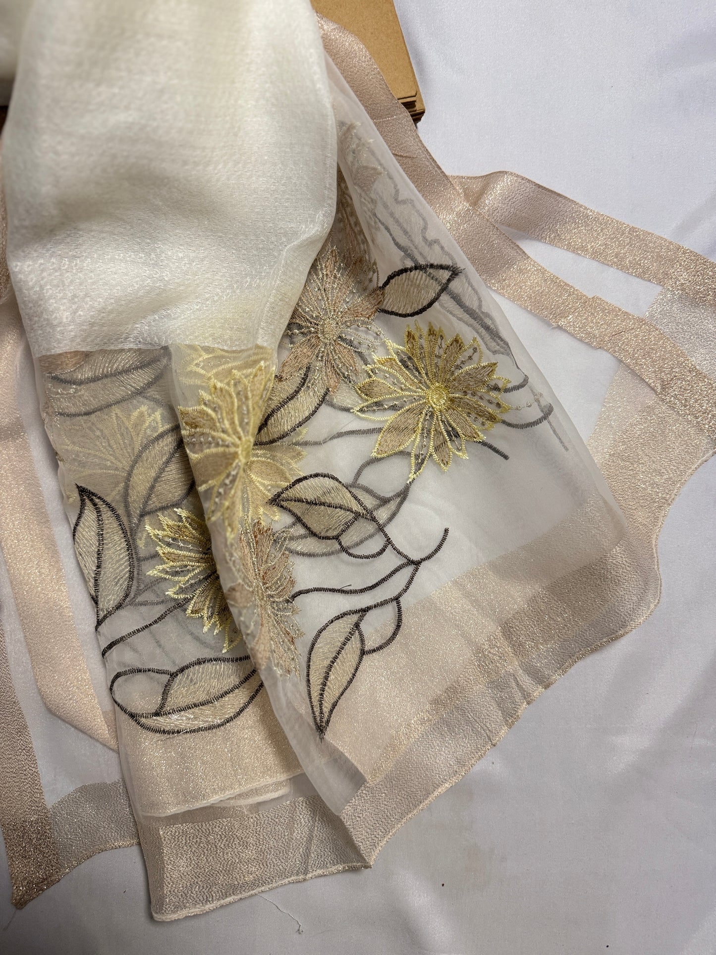 Daffodils Embroidered Organza- Luxury Hijabs- White