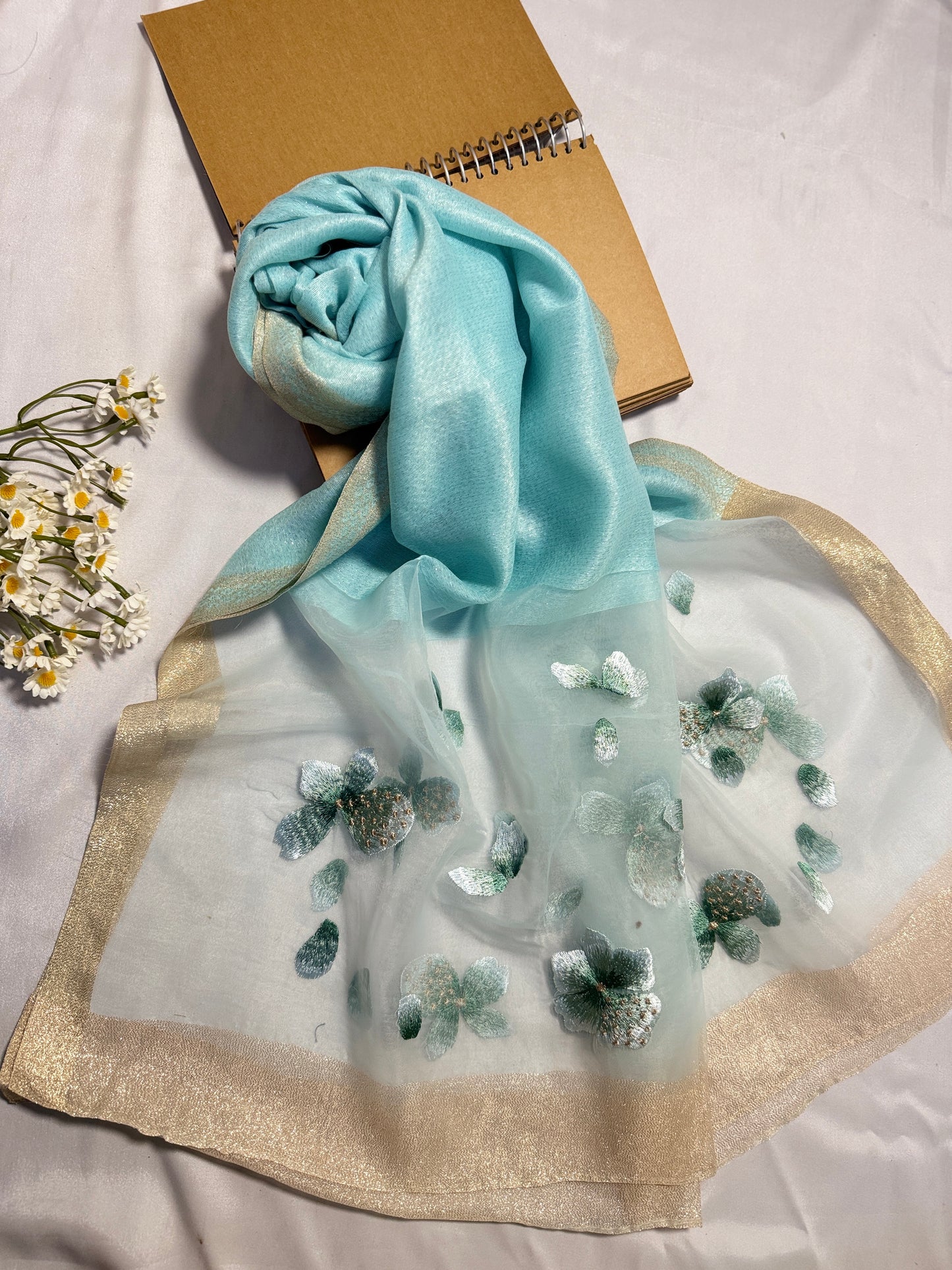 Poppy Flower Embroidered Organza- Luxury Hijabs- Ice Blue