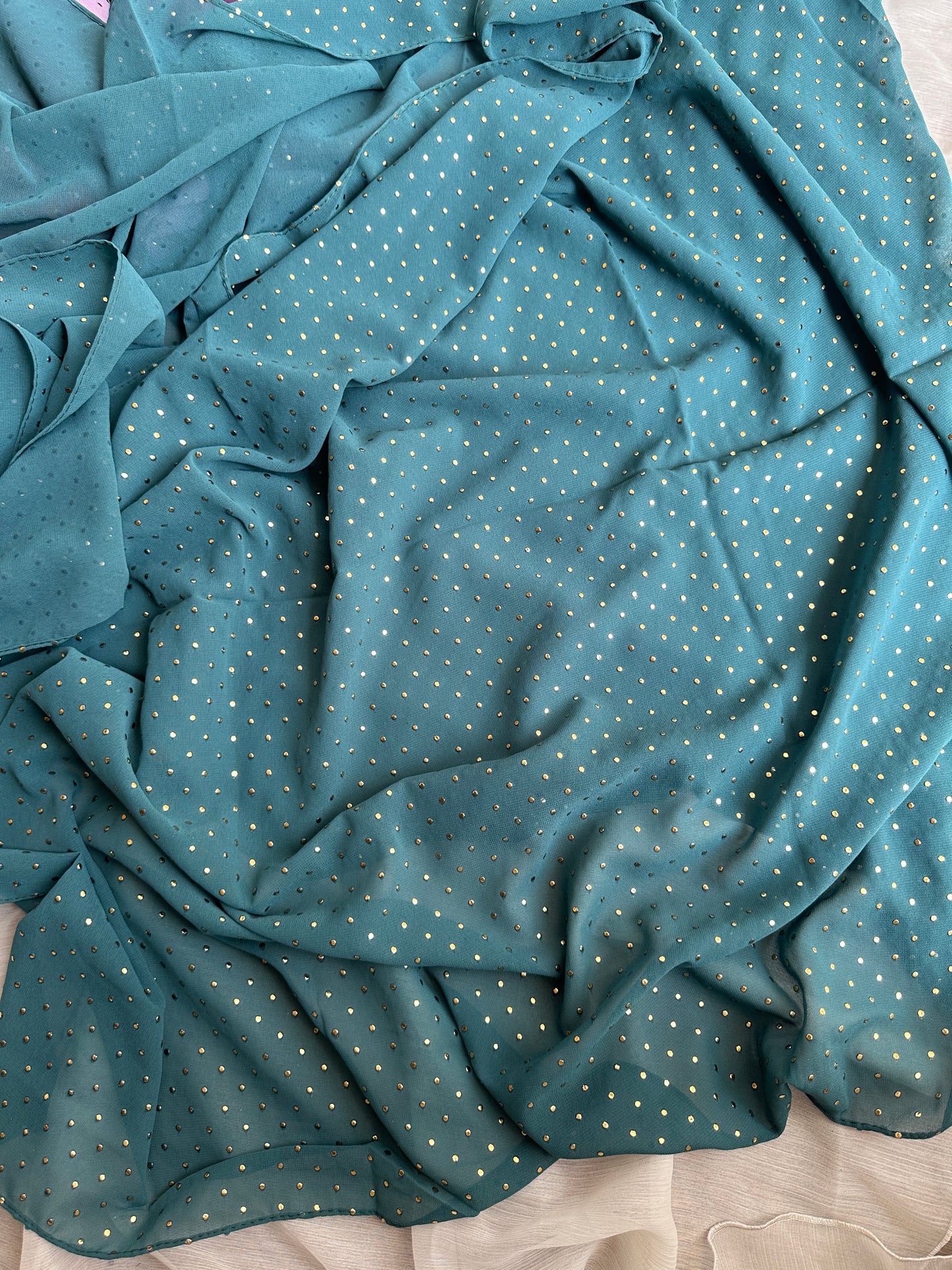 Gold Dewdrops- Georgette Chiffon- Light Teal