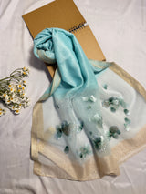 Poppy Flower Embroidered Organza- Luxury Hijabs- Ice Blue