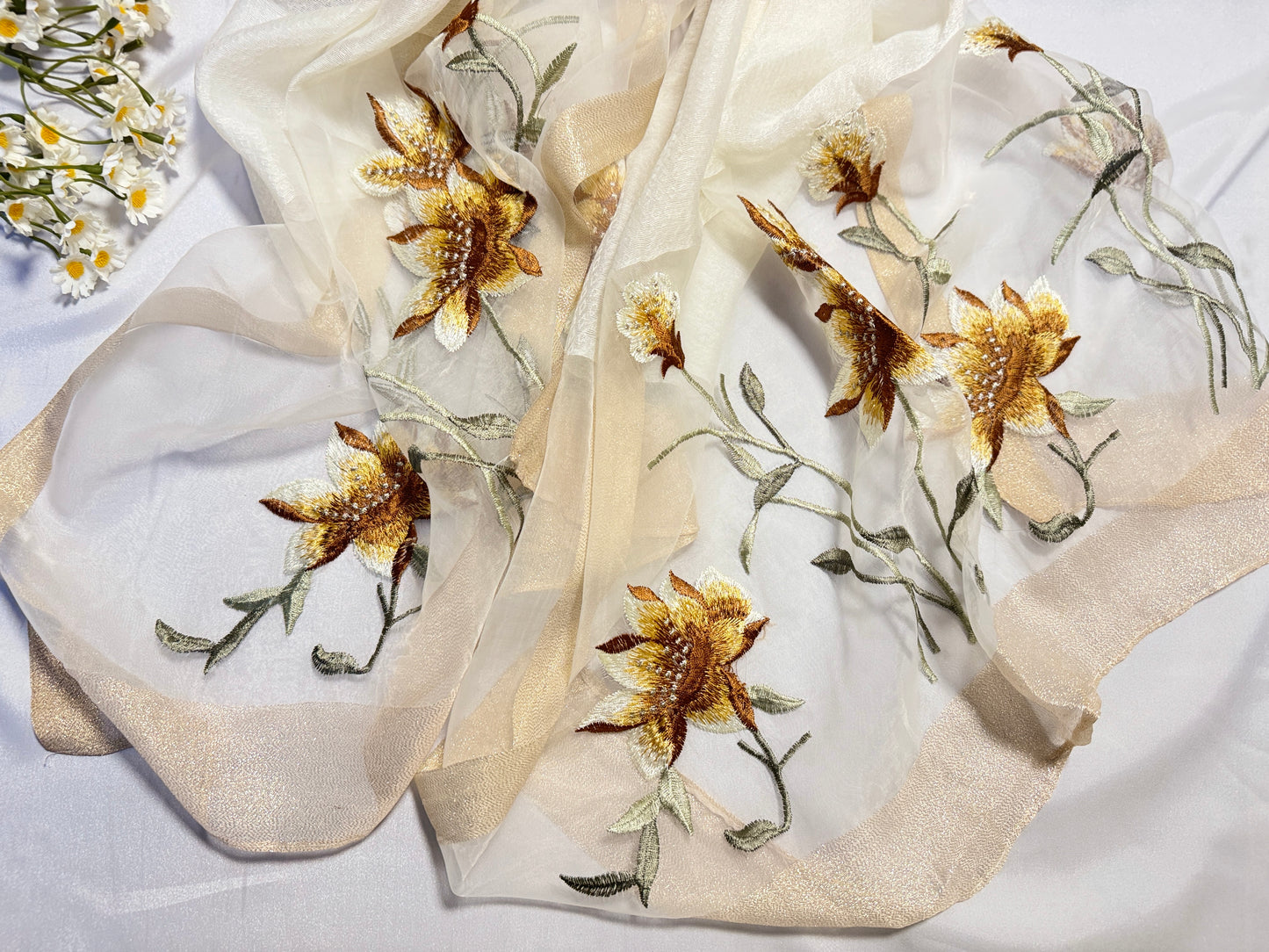 Lilies Embroidered Organza- Luxury Hijabs- White