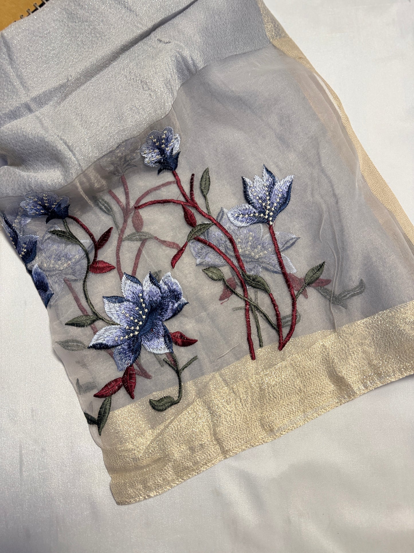 Lilies Embroidered Organza- Luxury Hijabs- Silver