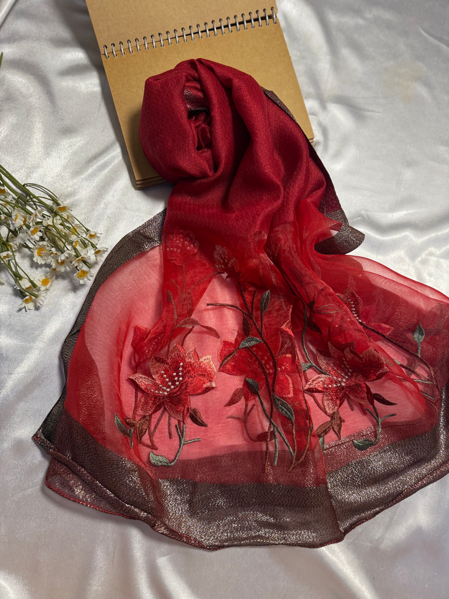 Lilies Embroidered Organza- Luxury Hijabs- Maroon