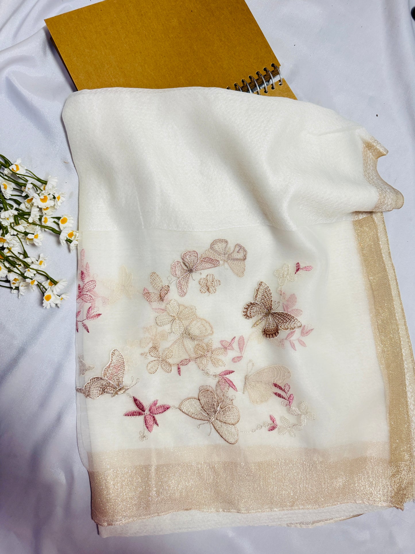 Butterfly Embroidered Organza- Luxury Hijabs- White