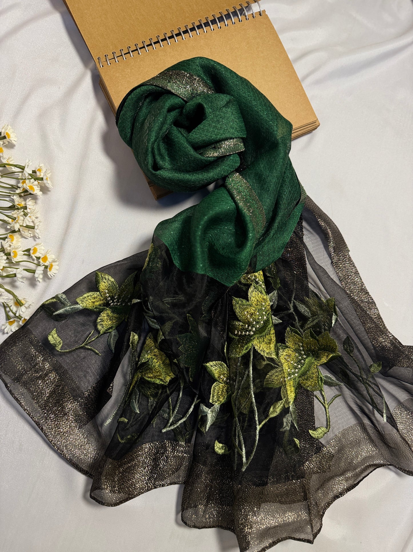 Lilies Embroidered Organza- Luxury Hijabs- Dark Green