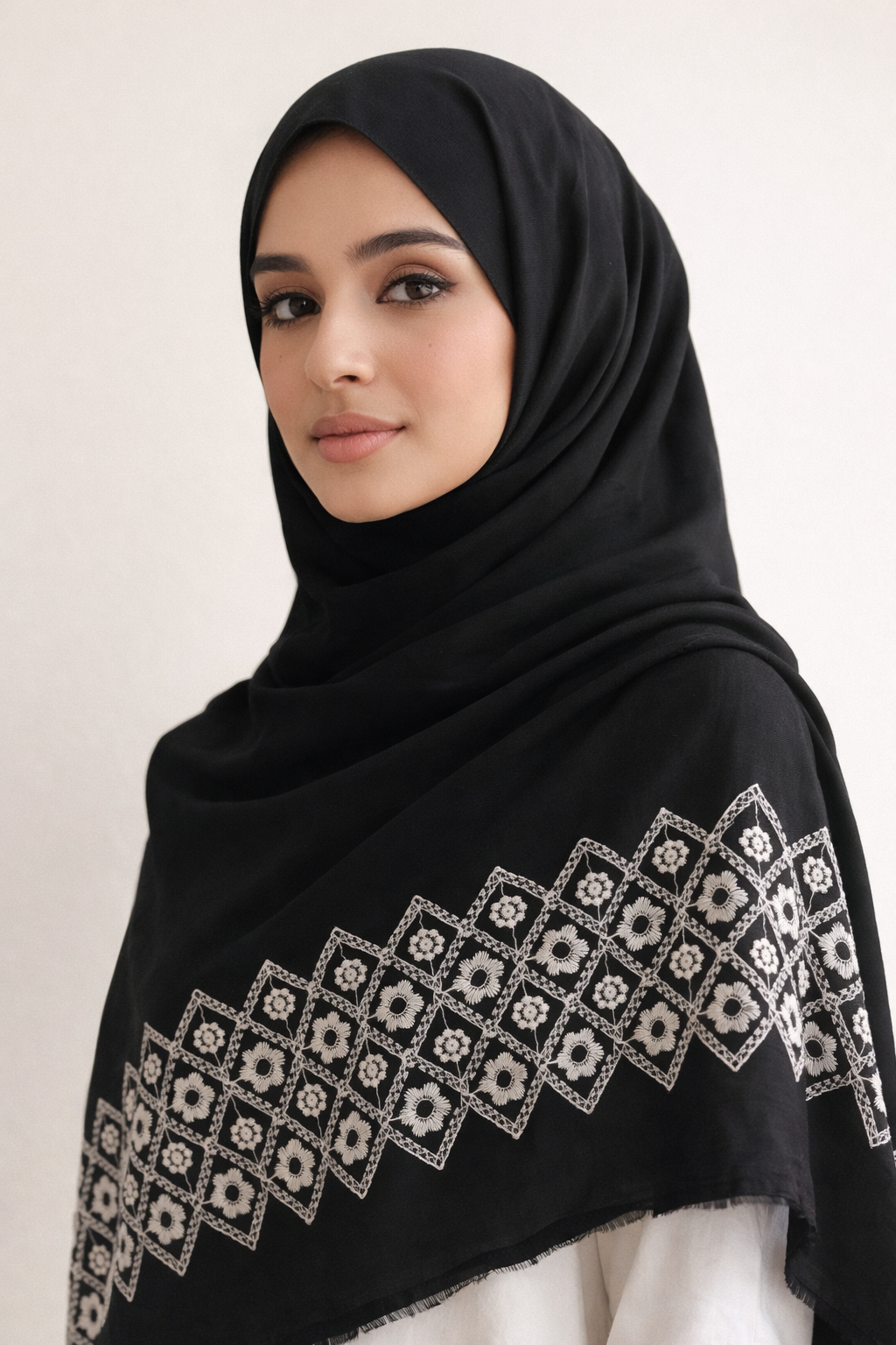 Embroidered White on Black Border- Luxury Hijab