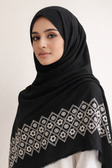 Embroidered White on Black Border- Luxury Hijab