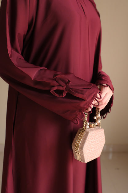 Elysian Bow Sleeve Nida Abaya- Deep Maroon