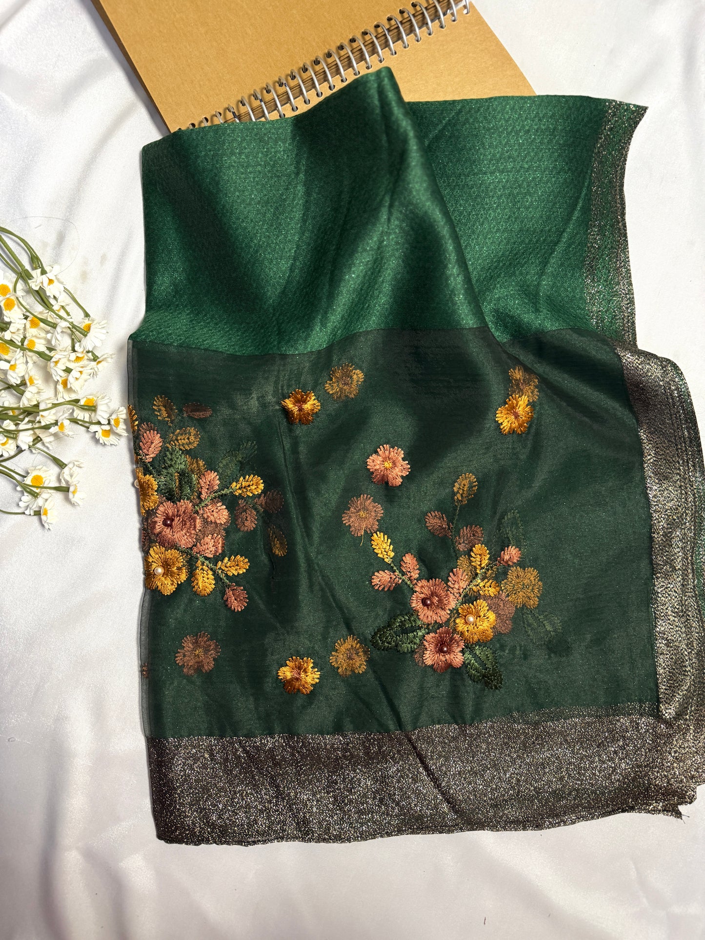 Pearl Floral Embroidered Organza- Luxury Hijabs- Dark Green