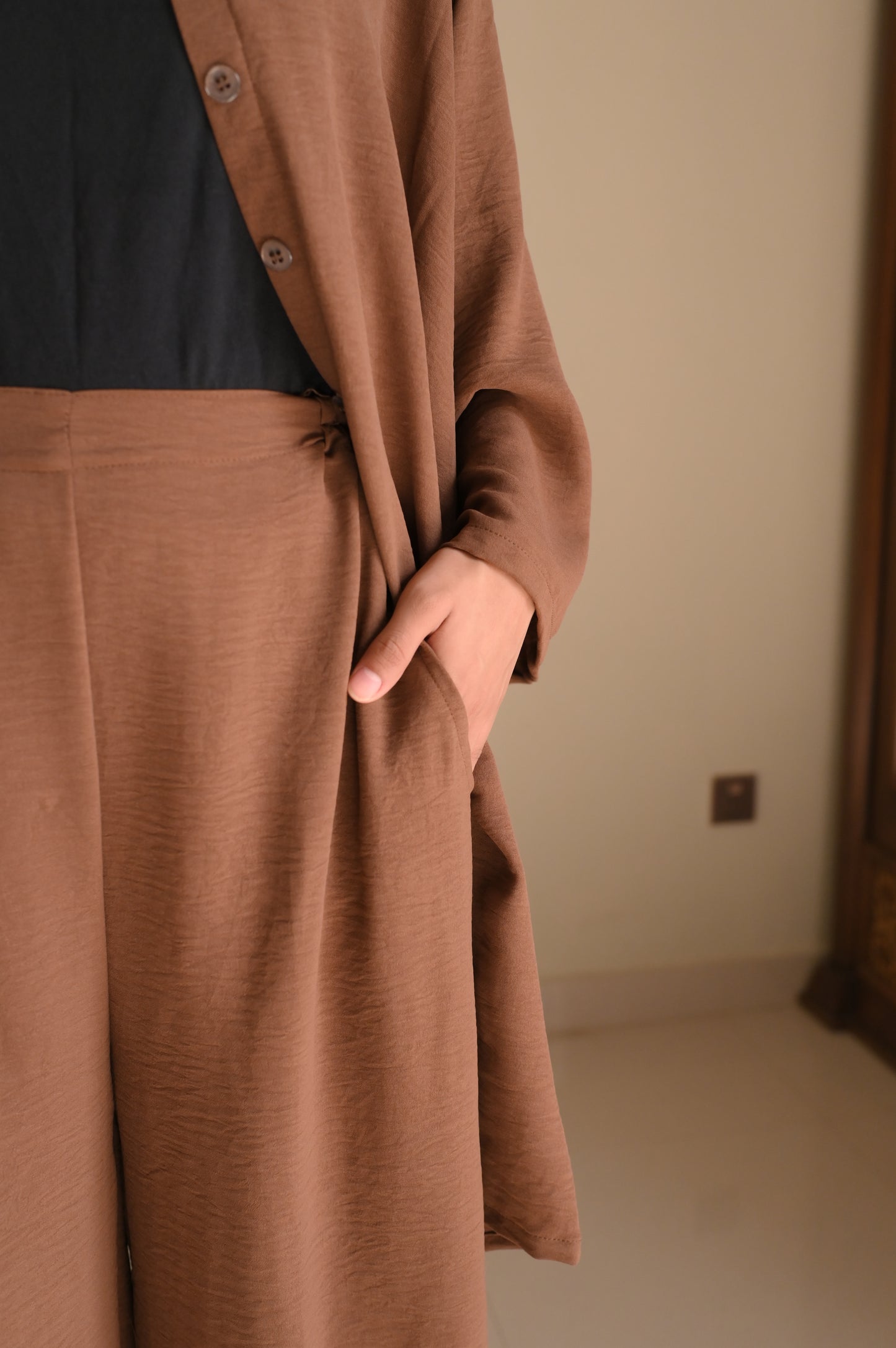 Button Down-Modest Coord Set- Coffee Brown