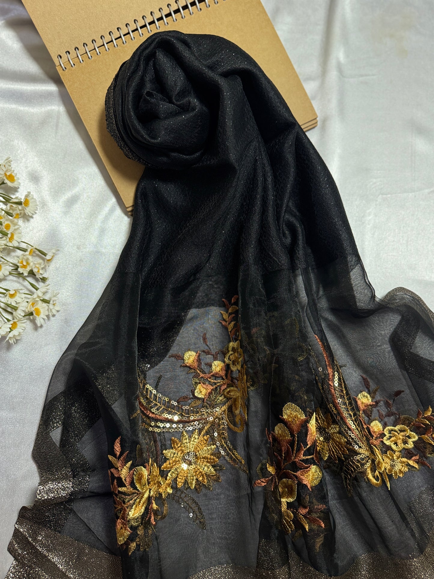Sequins Floral Embroidered Organza- Luxury Hijabs- Black