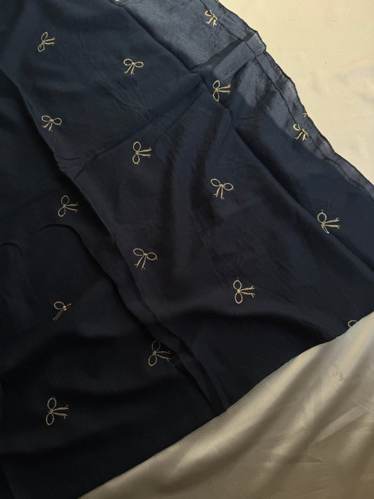 Embroidered Bow Hijabs- Navy Blue