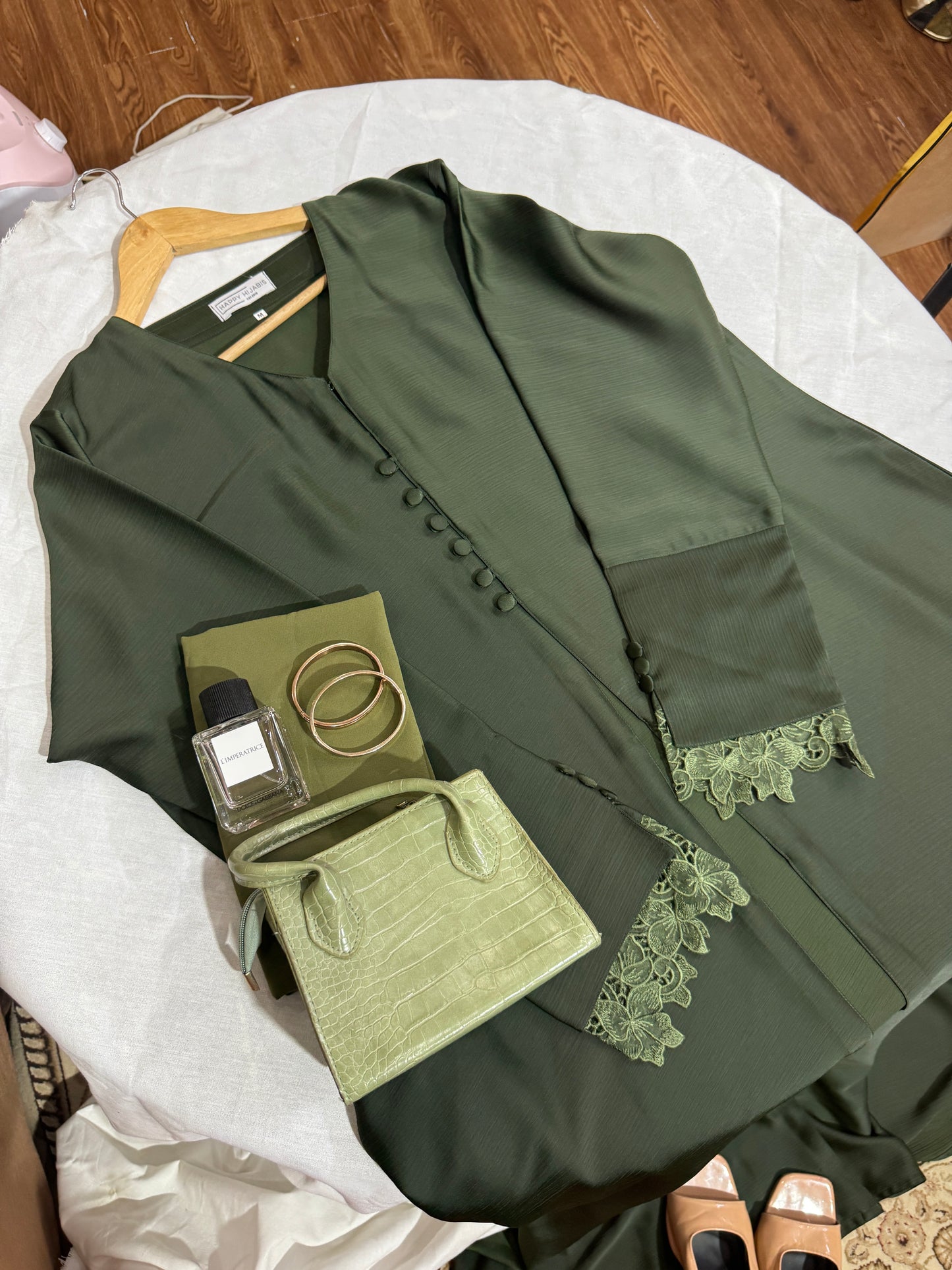 Luxe Olive Coat Abaya- Romantic Nida
