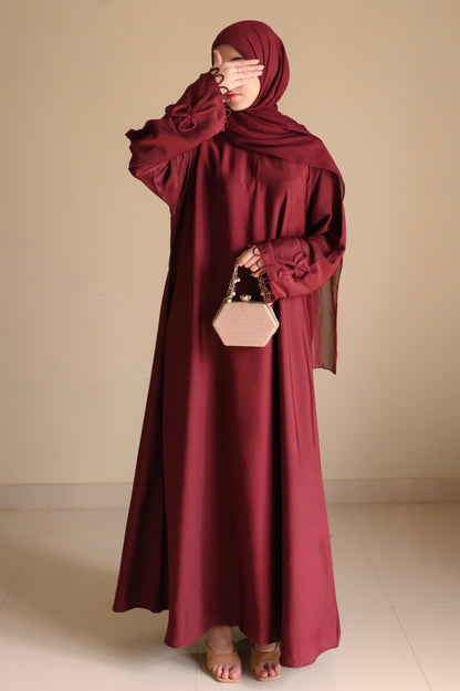 Elysian Bow Sleeve Nida Abaya- Deep Maroon