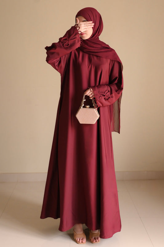Elysian Bow Sleeve Nida Abaya- Deep Maroon