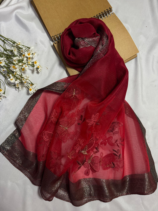 Butterfly Embroidered Organza- Luxury Hijabs- Maroon