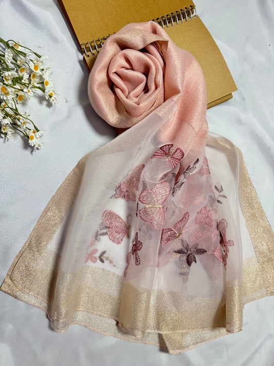 Butterfly Embroidered Organza- Luxury Hijabs- Rose Pink