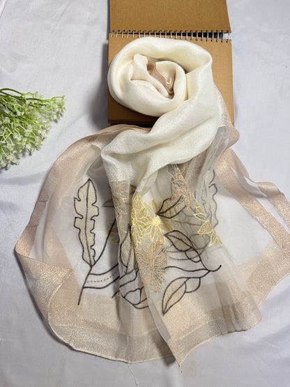 Daffodils Embroidered Organza- Luxury Hijabs- White