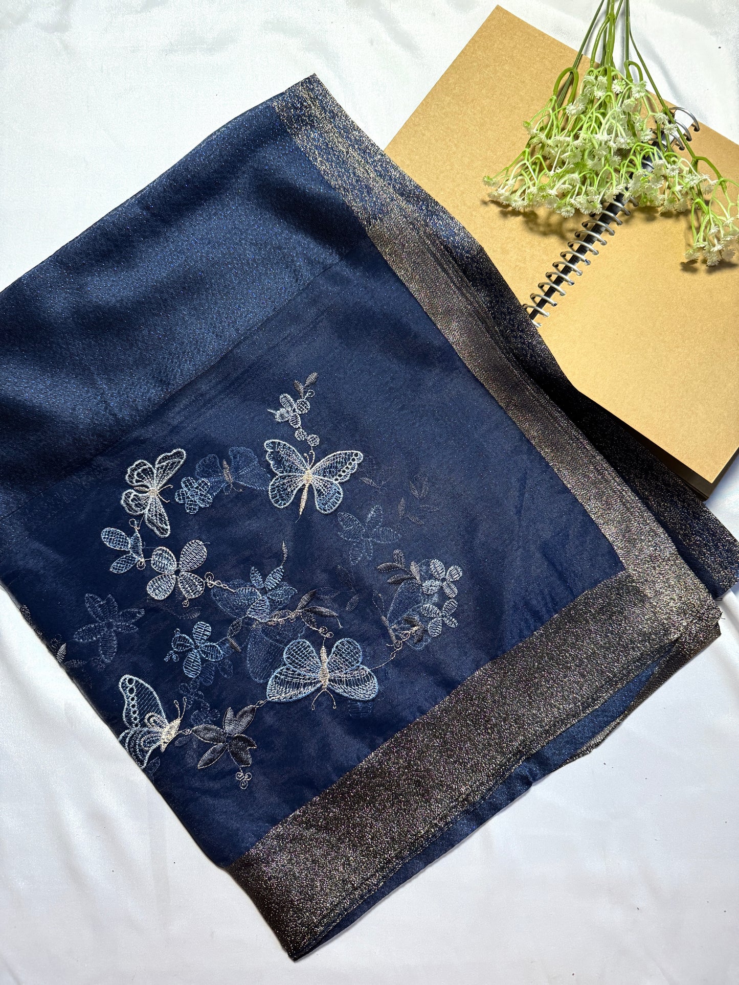 Butterfly Embroidered Organza- Luxury Hijabs- Navy Blue