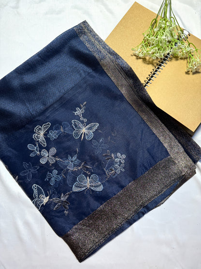 Butterfly Embroidered Organza- Luxury Hijabs- Navy Blue