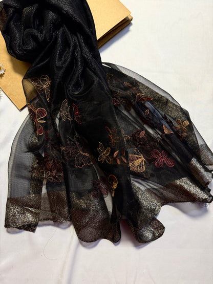 Butterfly Embroidered Organza- Luxury Hijabs- Black