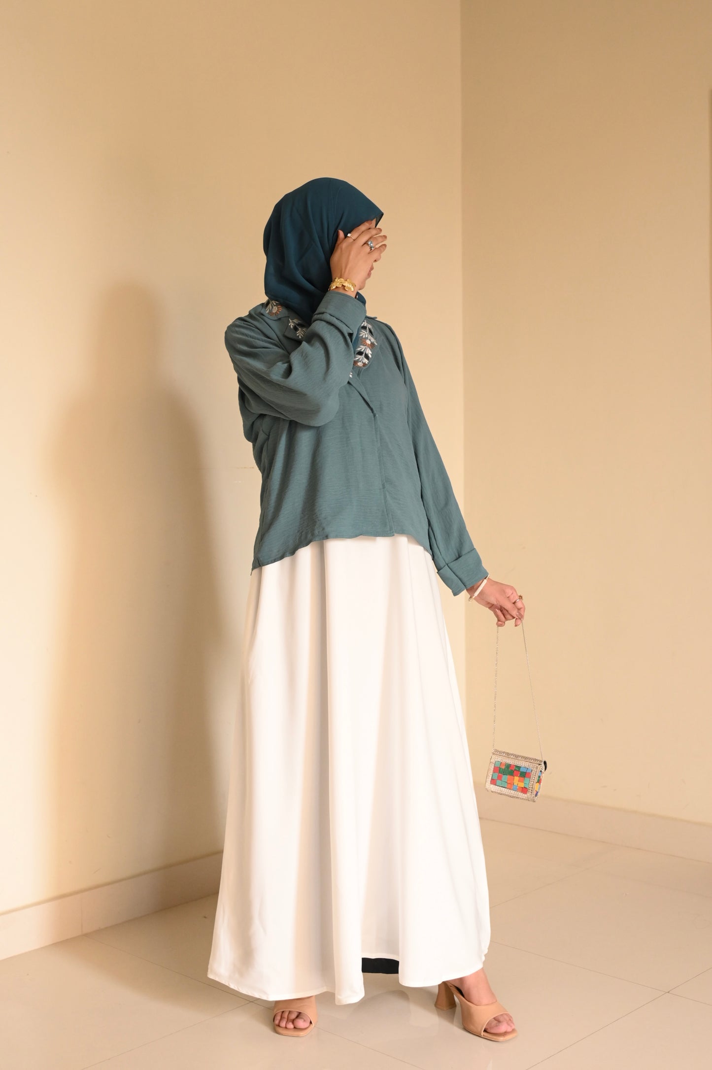 Whispering Petals-Floral Embroidered Half Jacket- Sea Green