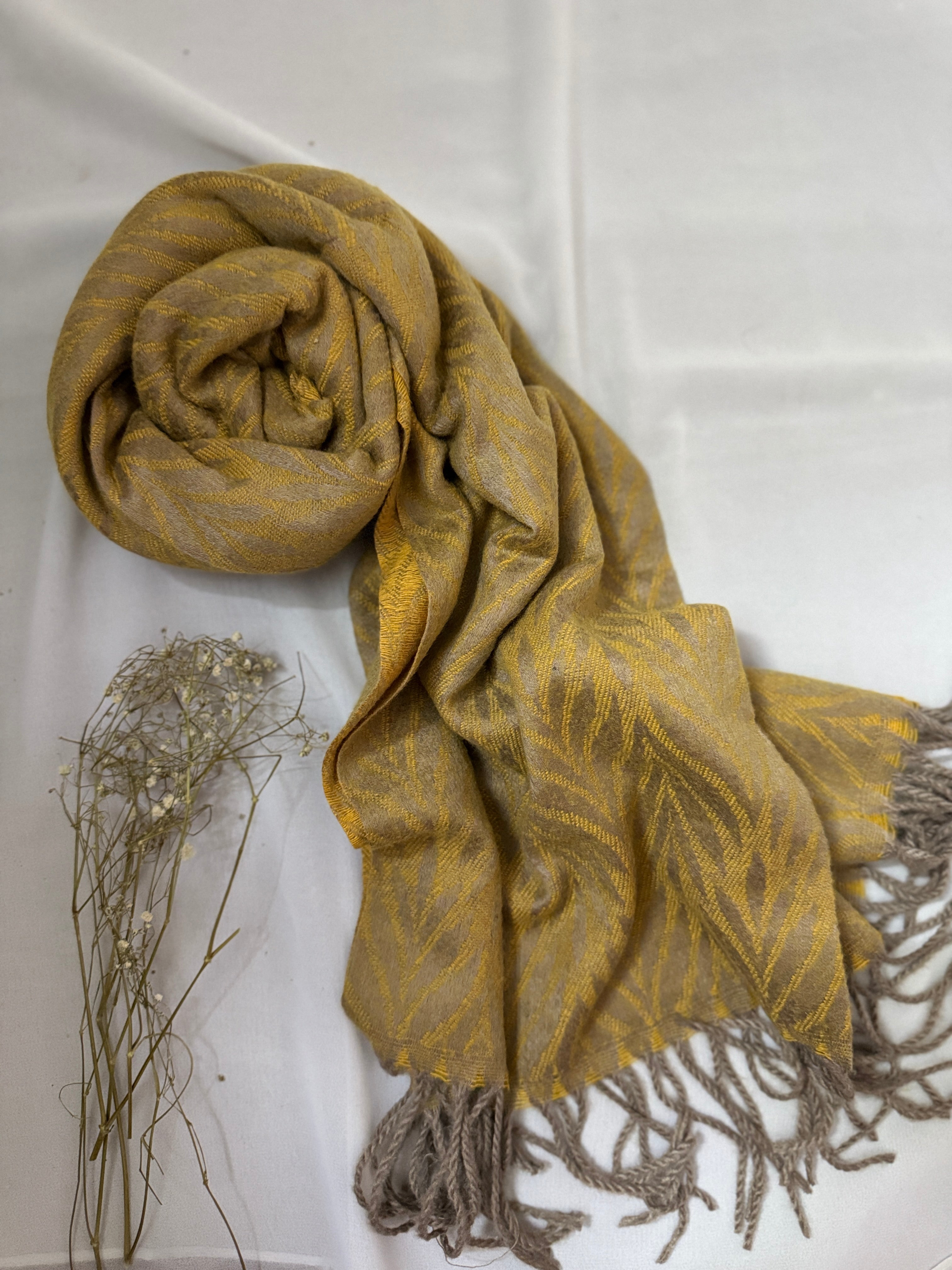 Woolen Pashmina-Tropical Patterns- Mustard Brown – HappyHijabis.co