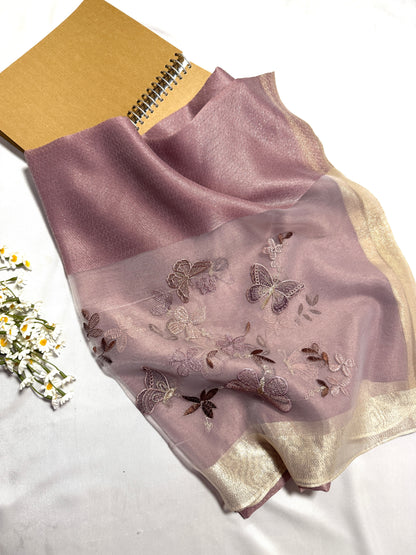Butterfly Embroidered Organza- Luxury Hijabs- Lilac Muave