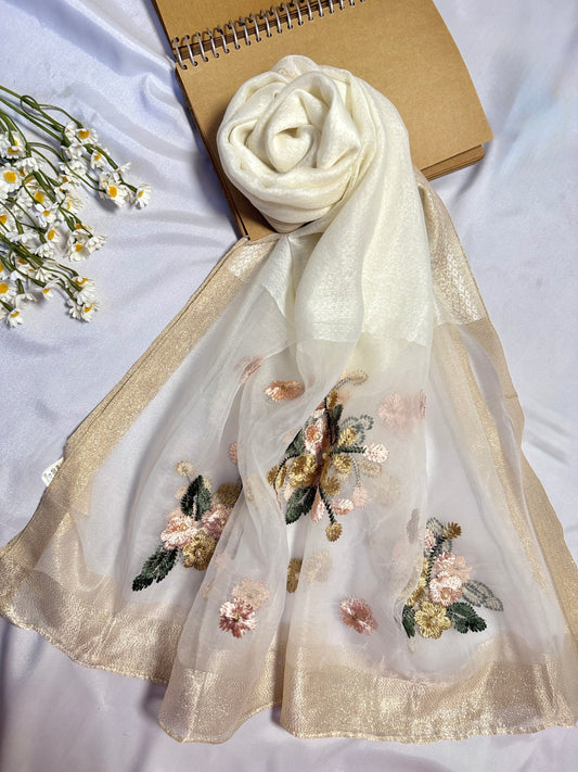 Pearl Floral Embroidered Organza- Luxury Hijabs- White