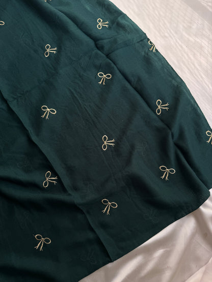 Embroidered Bow Hijabs- Dark Green