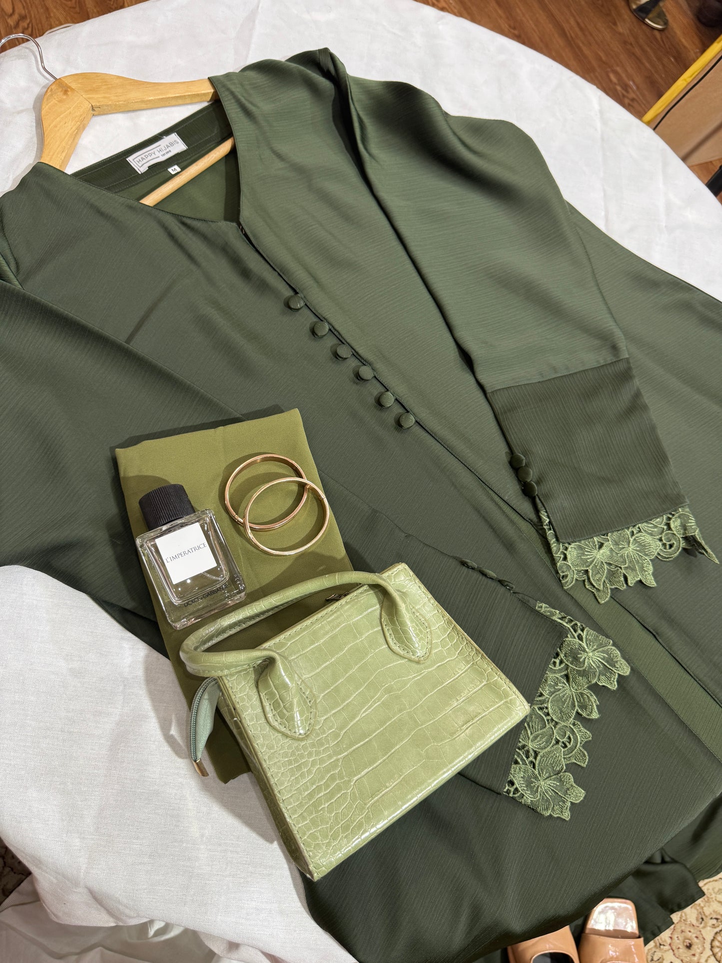 Luxe Olive Coat Abaya- Romantic Nida