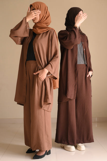 Button Down-Modest Coord Set- Coffee Brown