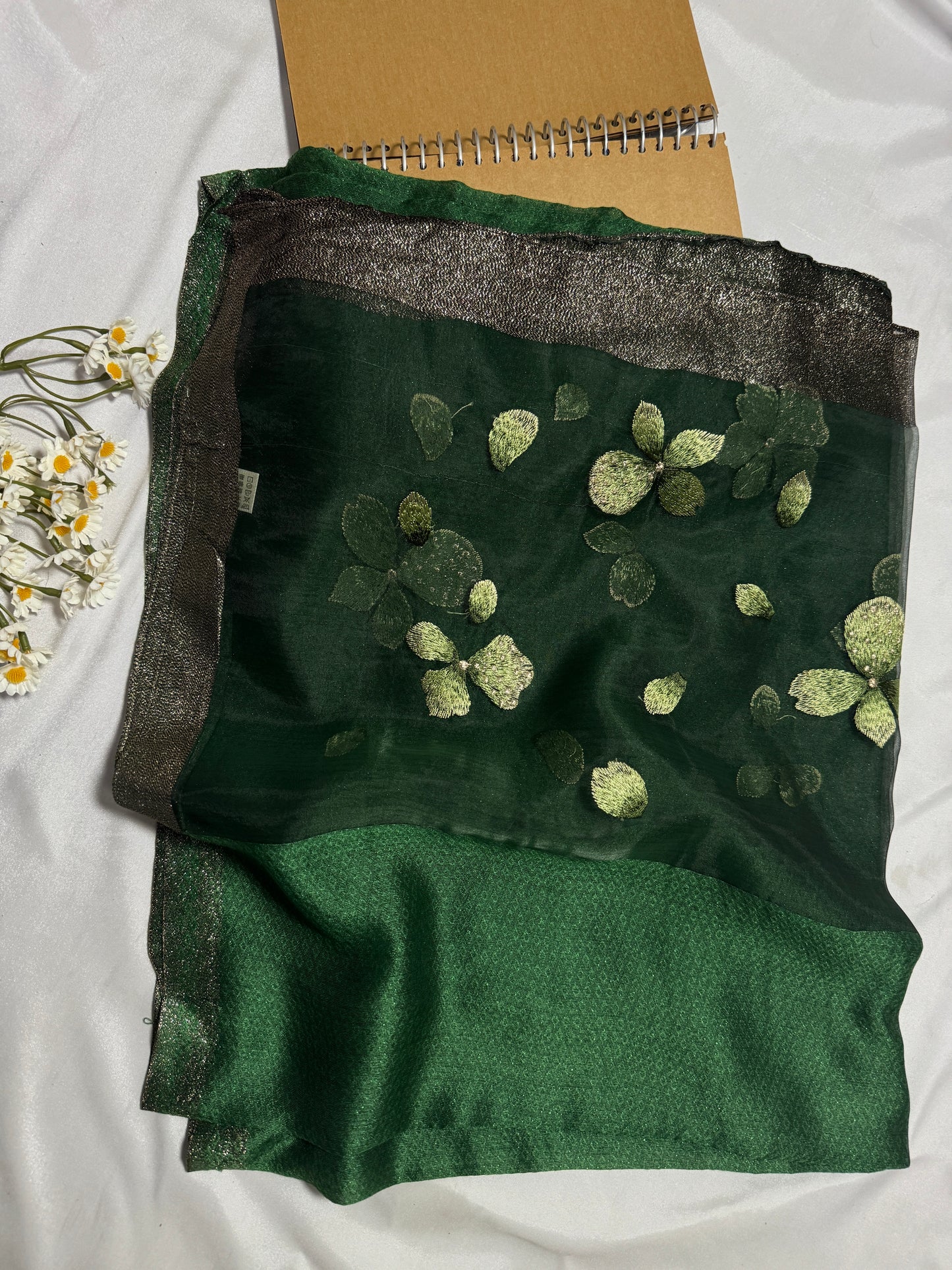 Poppy Flower Embroidered Organza- Luxury Hijabs- Dark Green
