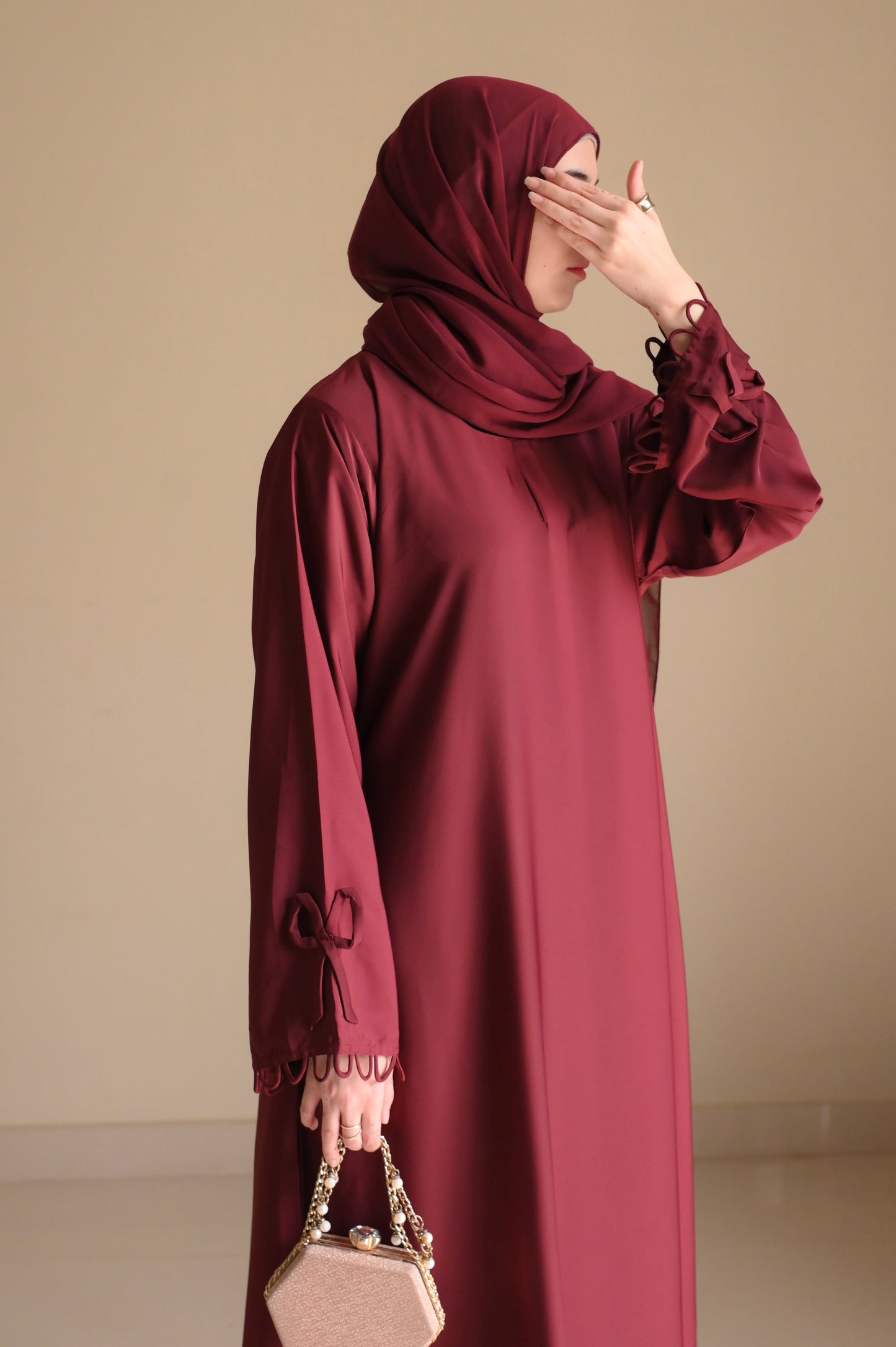 Elysian Bow Sleeve Nida Abaya- Deep Maroon